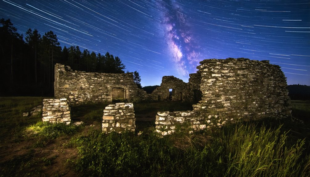 star trails over ruins