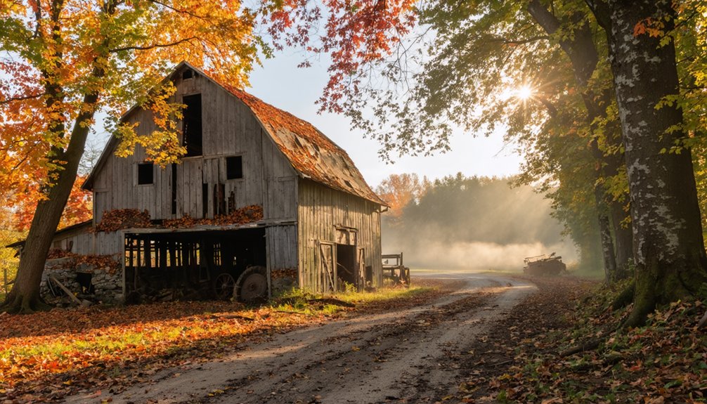 autumn ruins amid colorful leaves