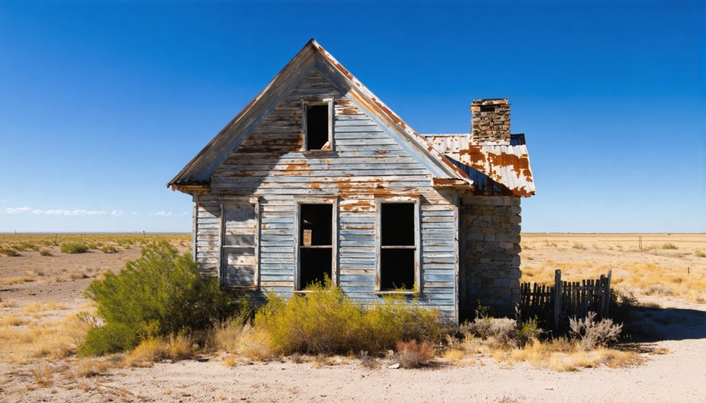 abandoned ranchland with historical marker