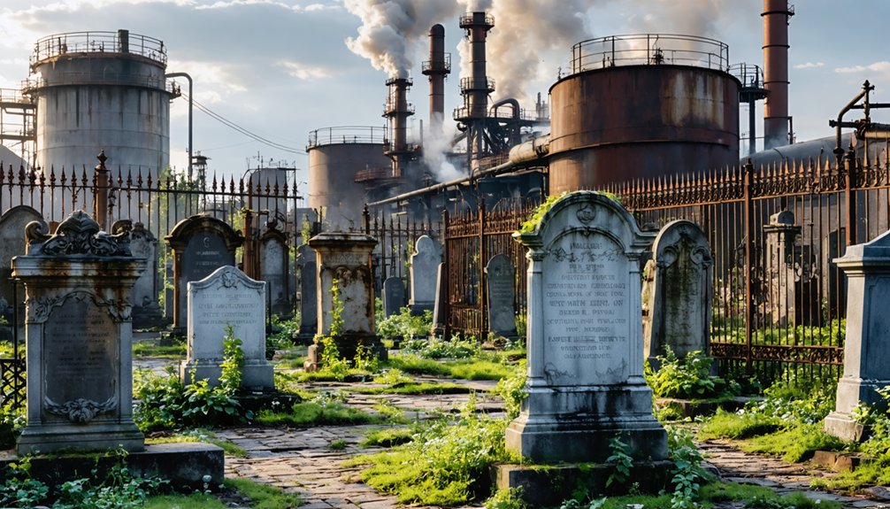 cemetery amidst industrial landscape
